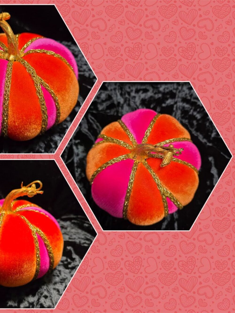 Orange and Hot Pink Velvet Pumpkin, Gold Cord Trim, Handcrafted - Picture 6 of 6